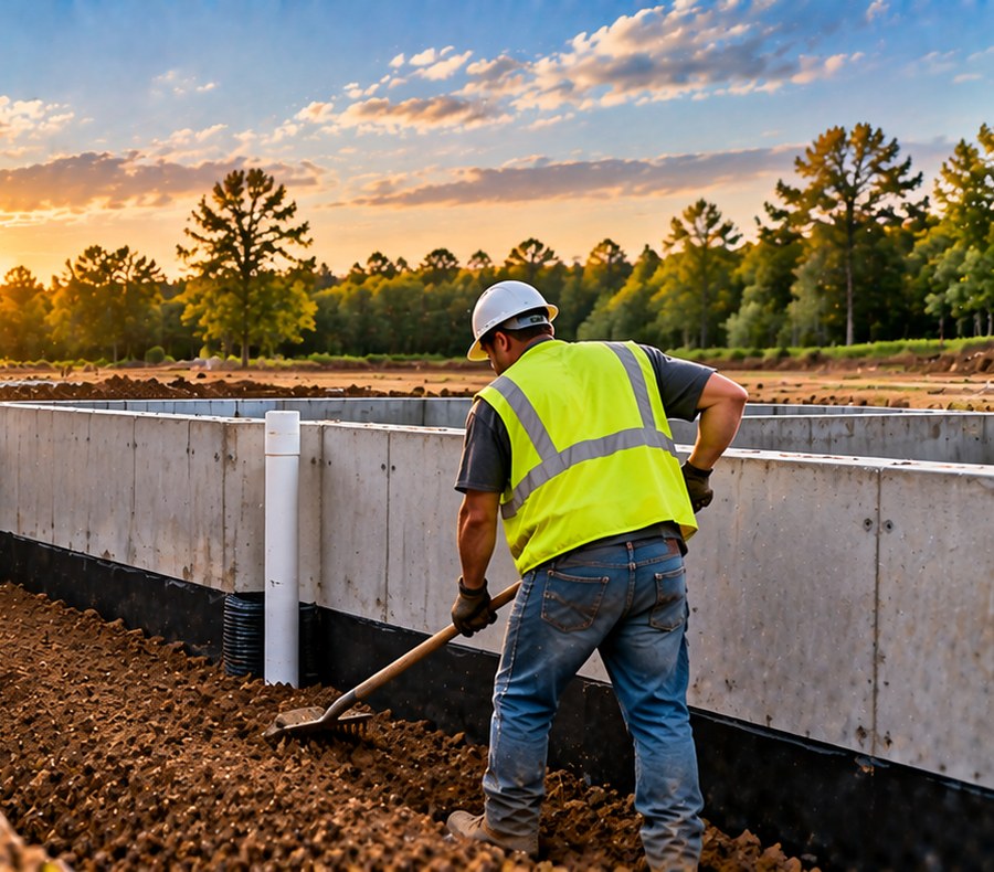 Excavator backfilling soil along a foundation wall