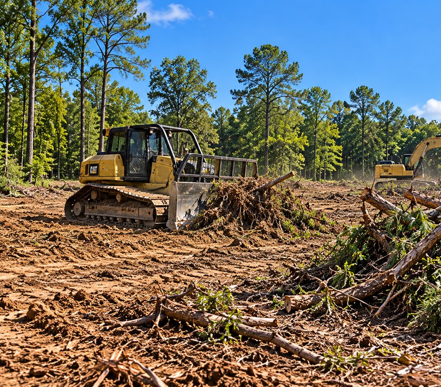 Excavator clearing thick brush and saplings from a wooded lot