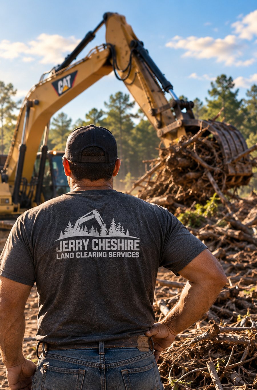Jerry Cheshire crew member watching an excavator clear brush on a job site
